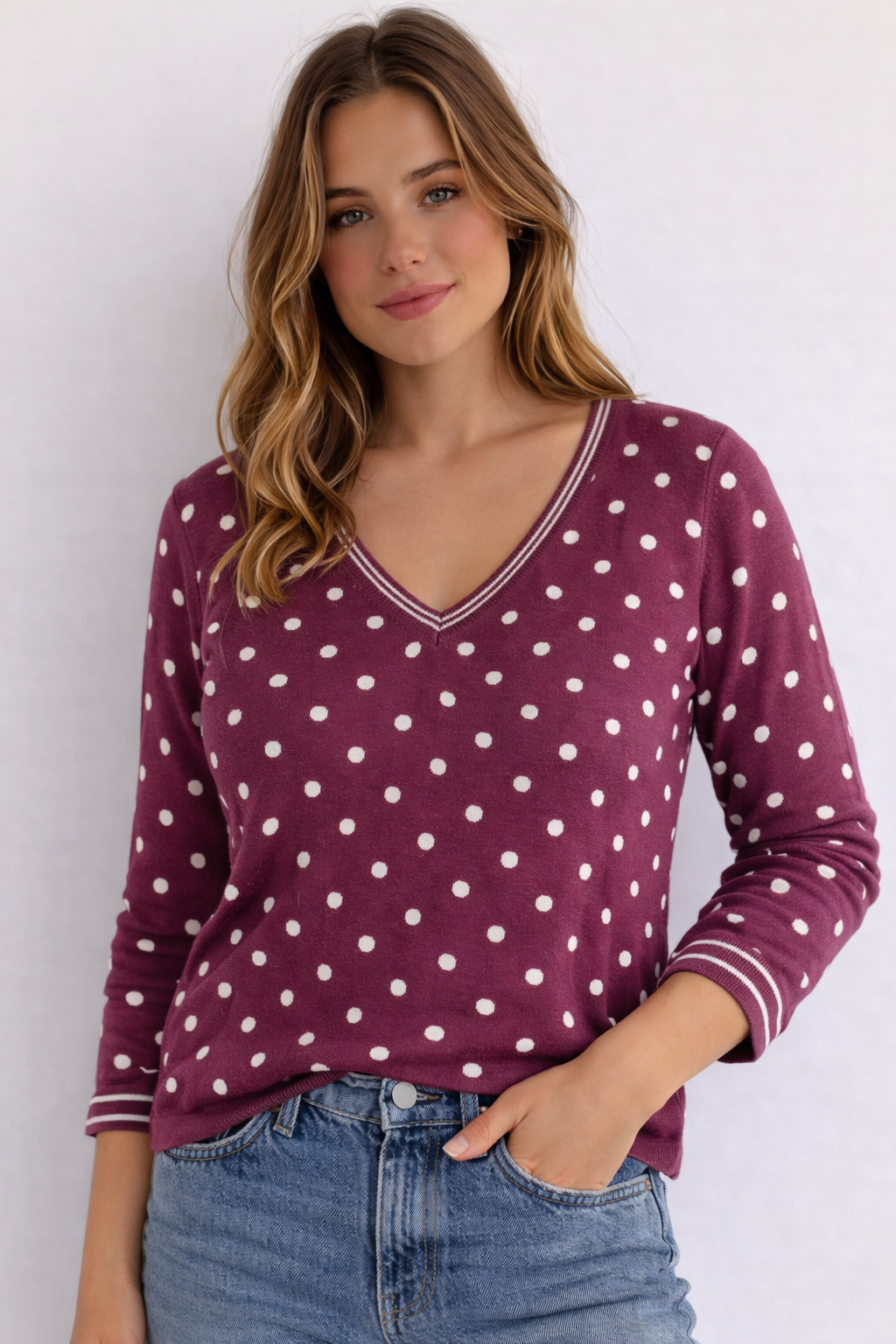 MAGLIONE TOMMY HILFIGER BORDEAUX A POIS CON SCOLLO A V
