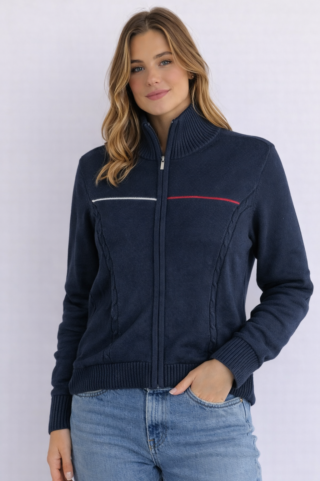 MAGLIONE TOMMY HILFIGER BLU CON ZIP E DETTAGLI A CONTRASTO