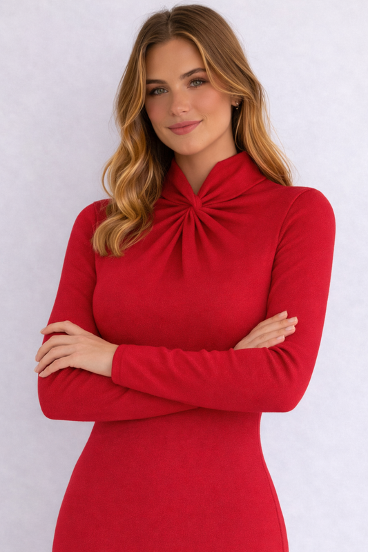 ABITO LAUREN RALPH LAUREN ROSSO CON DRAPPEGGIO E FIOCCO