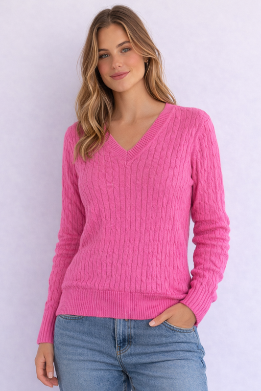 MAGLIONE TOMMY HILFIGER ROSA A TRECCE CON SCOLLO A V