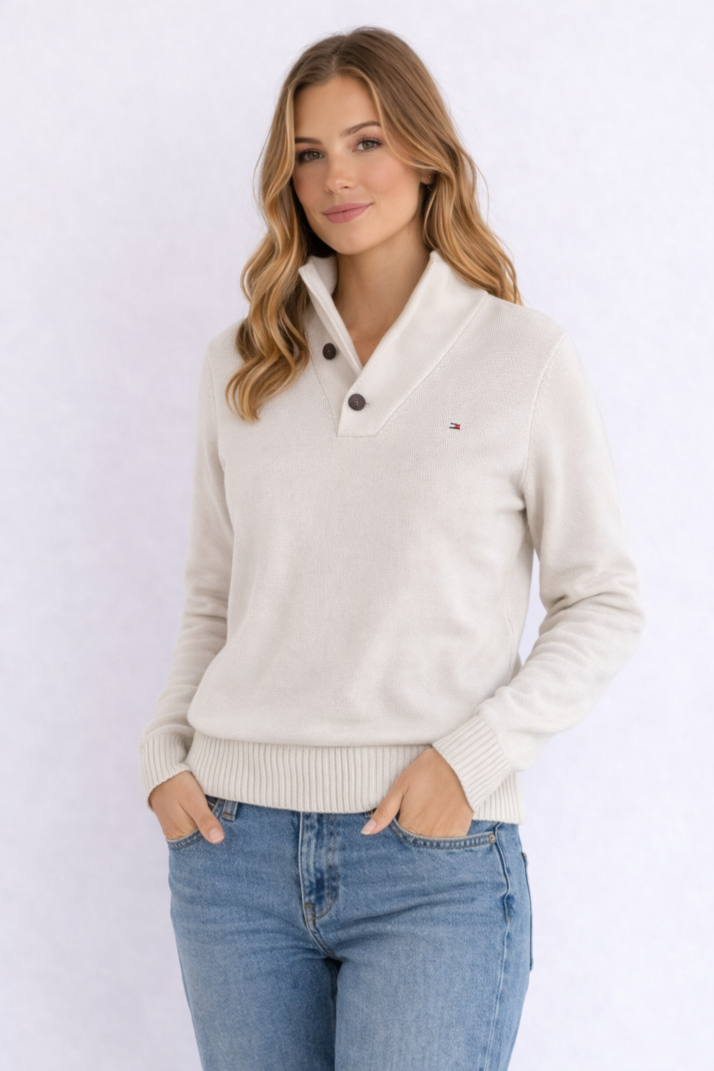 MAGLIONE TOMMY HILFIGER PANNA CON COLLO A SCIALLE