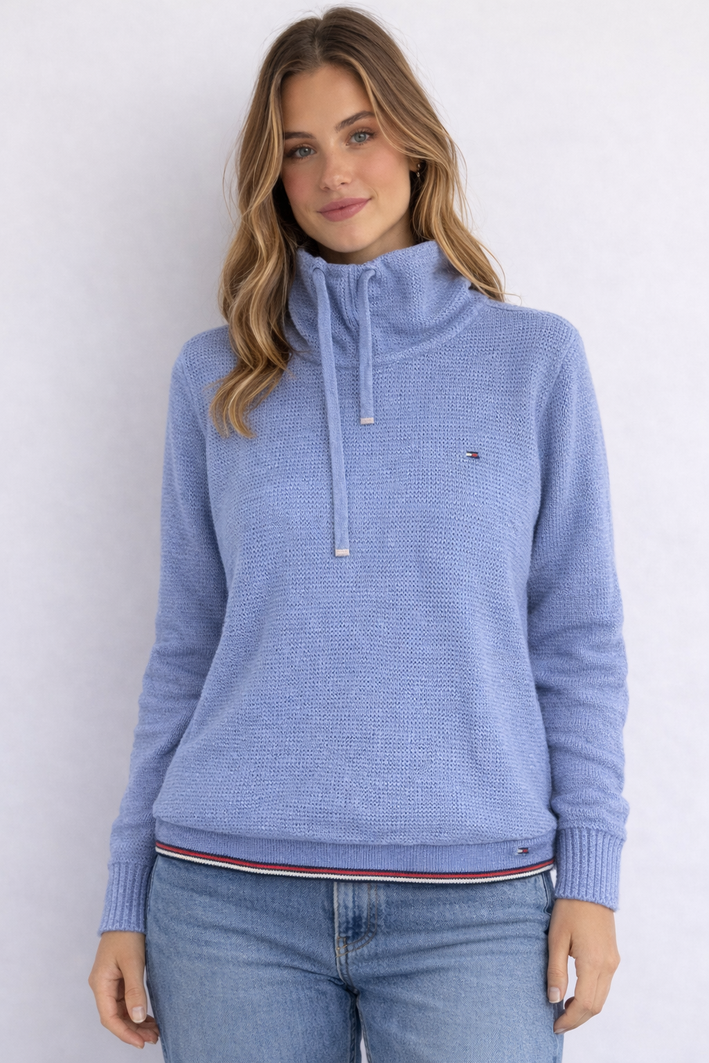 MAGLIONE TOMMY HILFIGER AZZURRO CON COLLO ALTO E LACCIO