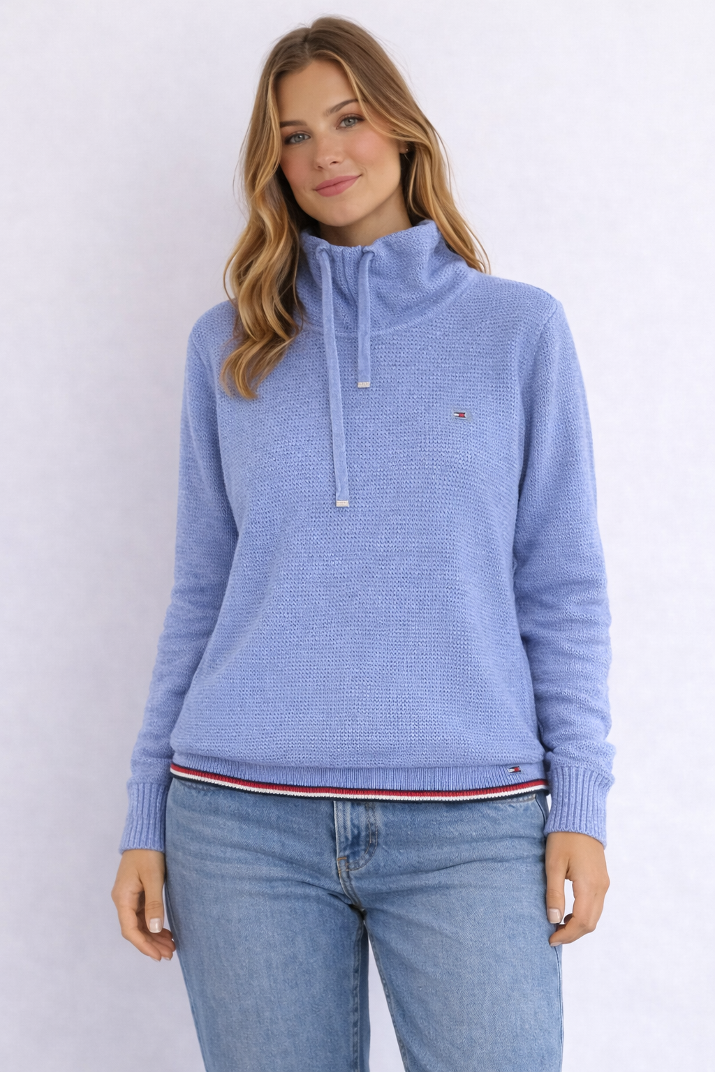MAGLIONE TOMMY HILFIGER AZZURRO CON COLLO ALTO E LACCIO