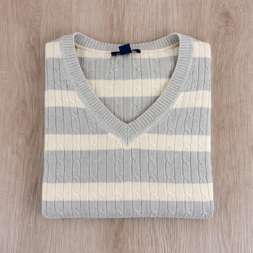 MAGLIONE TOMMY HILFIGER A RIGHE GRIGIO E PANNA CON SCOLLO A V