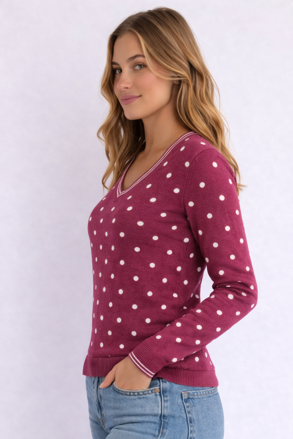 MAGLIONE TOMMY HILFIGER BORDEAUX A POIS CON SCOLLO A V