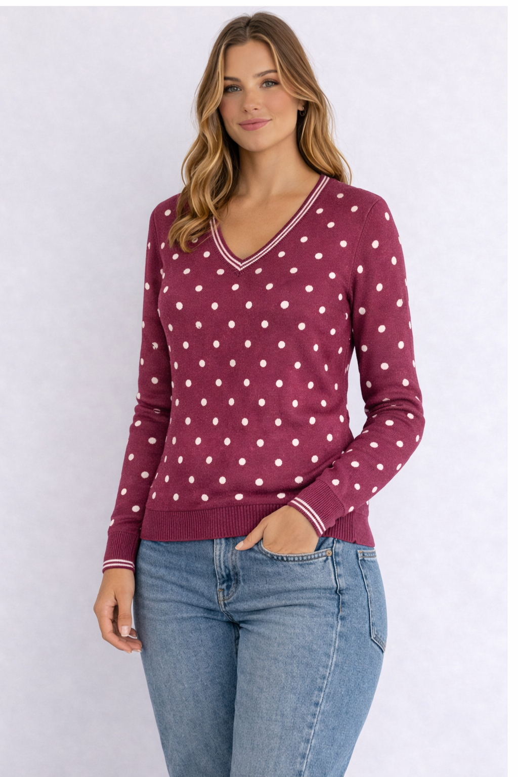 MAGLIONE TOMMY HILFIGER BORDEAUX A POIS CON SCOLLO A V