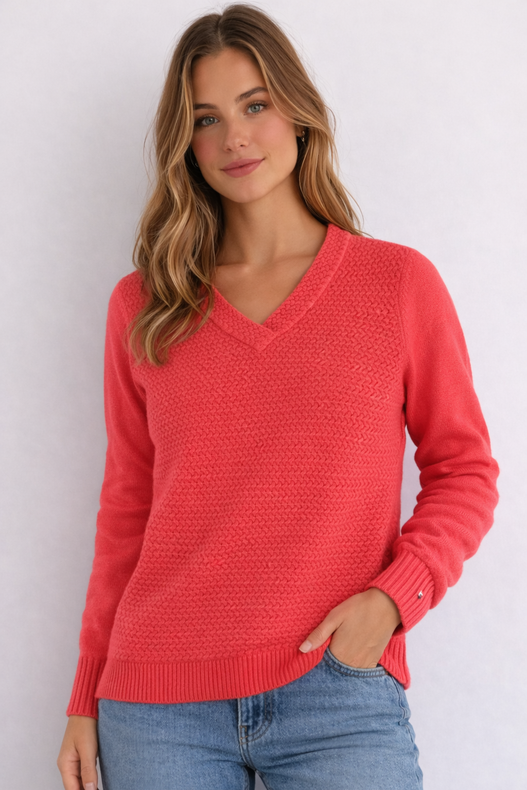 MAGLIONE TOMMY HILFIGER ROSSO CORALLO CON TRAMA TESTURIZZATA