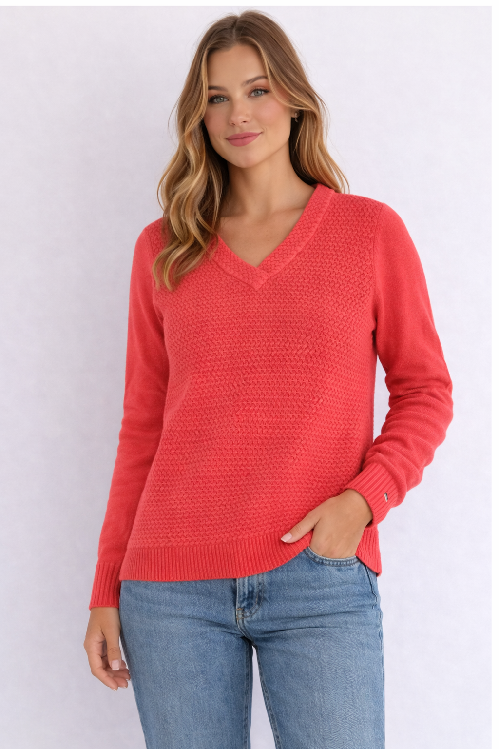 MAGLIONE TOMMY HILFIGER ROSSO CORALLO CON TRAMA TESTURIZZATA