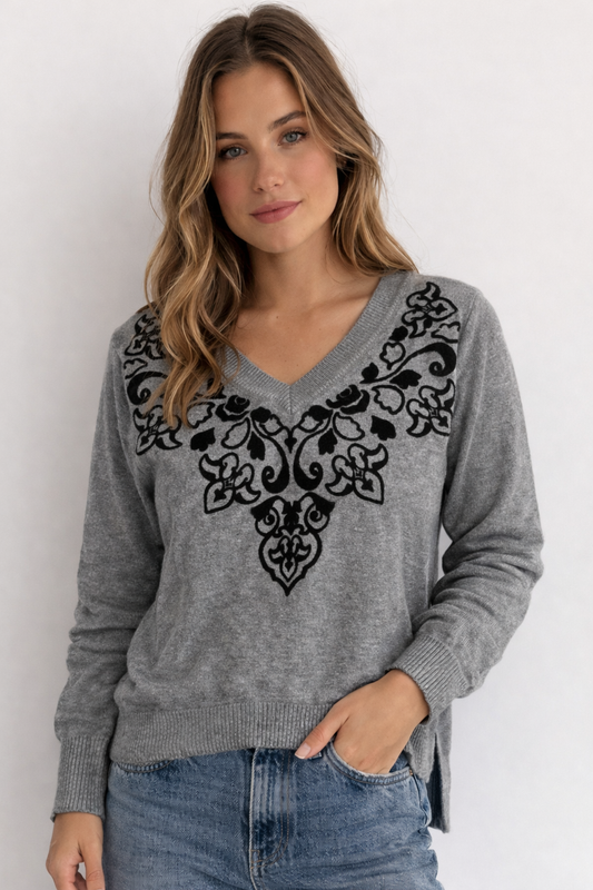 MAGLIONE TOMMY HILFIGER GRIGIO CON RICAMO FLOREALE